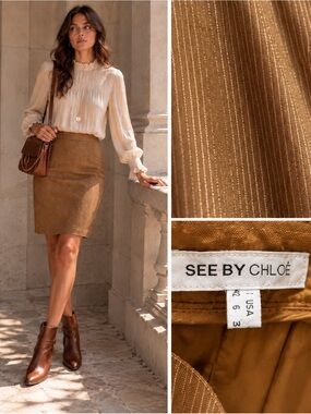 See by Chloé Gold Copper Pinstripe Pencil Skirt |Italian Made | Virgin Wool Blen